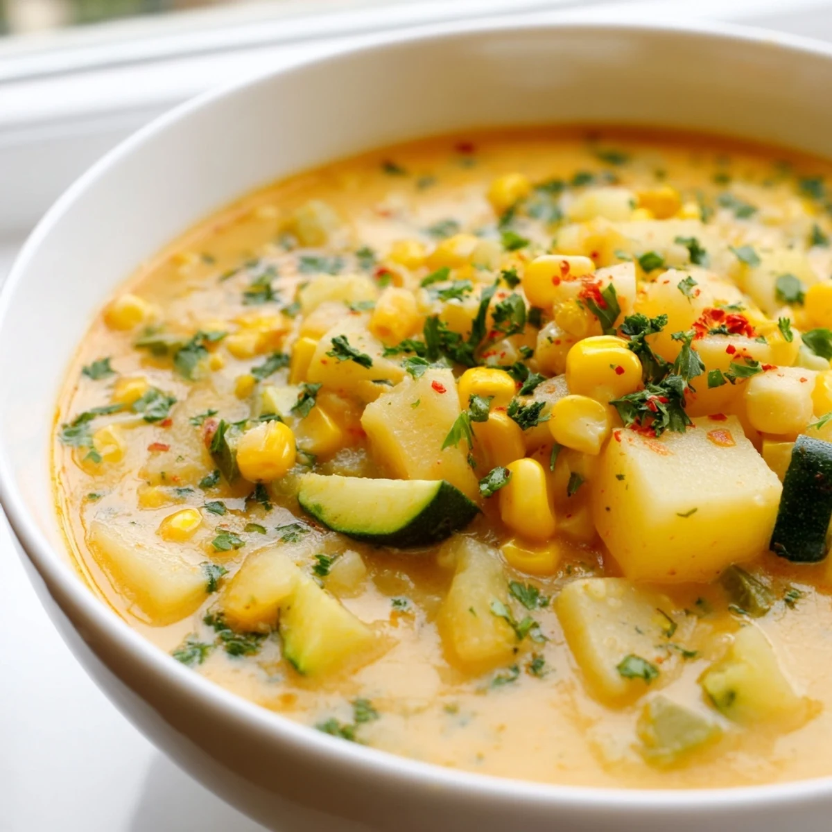 Steaming bowl of hearty potato corn zucchini soup topped with fresh parsley flakes