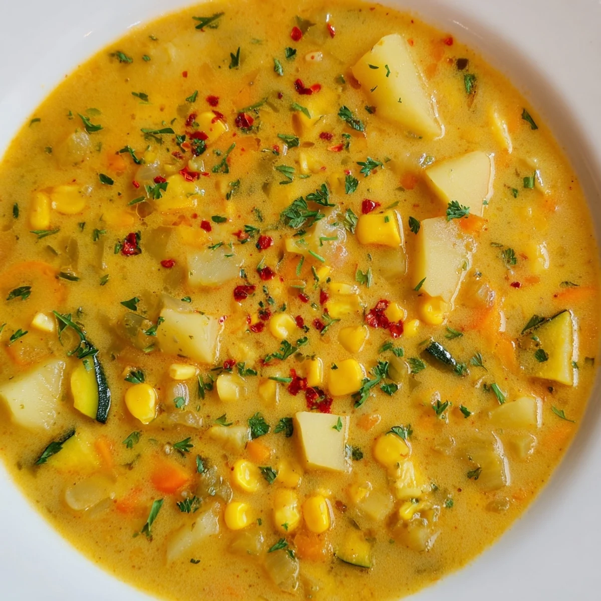 Creamy golden spoonfuls of hearty potato corn zucchini soup in a rustic mug
