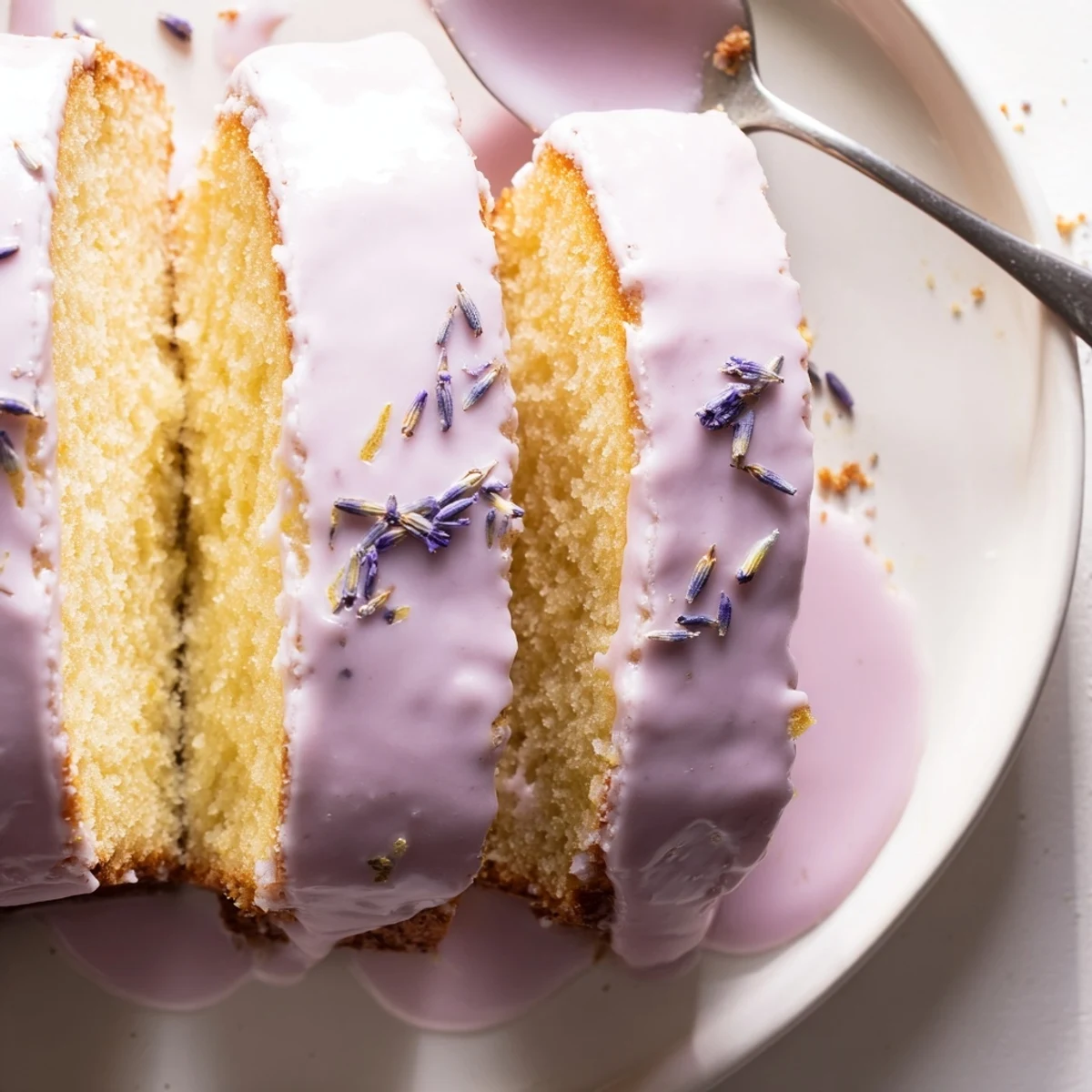 Smooth lavender glaze drizzled over a golden pound cake slice on a white plate