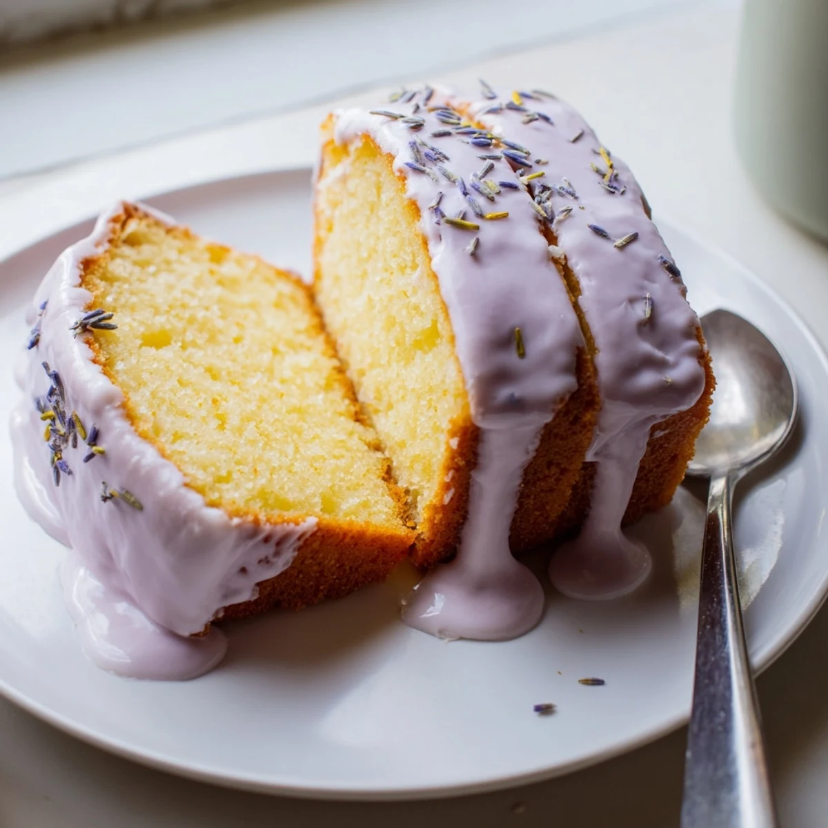 Glossy lavender glaze cascading down a layered bundt cake with floral purple hue