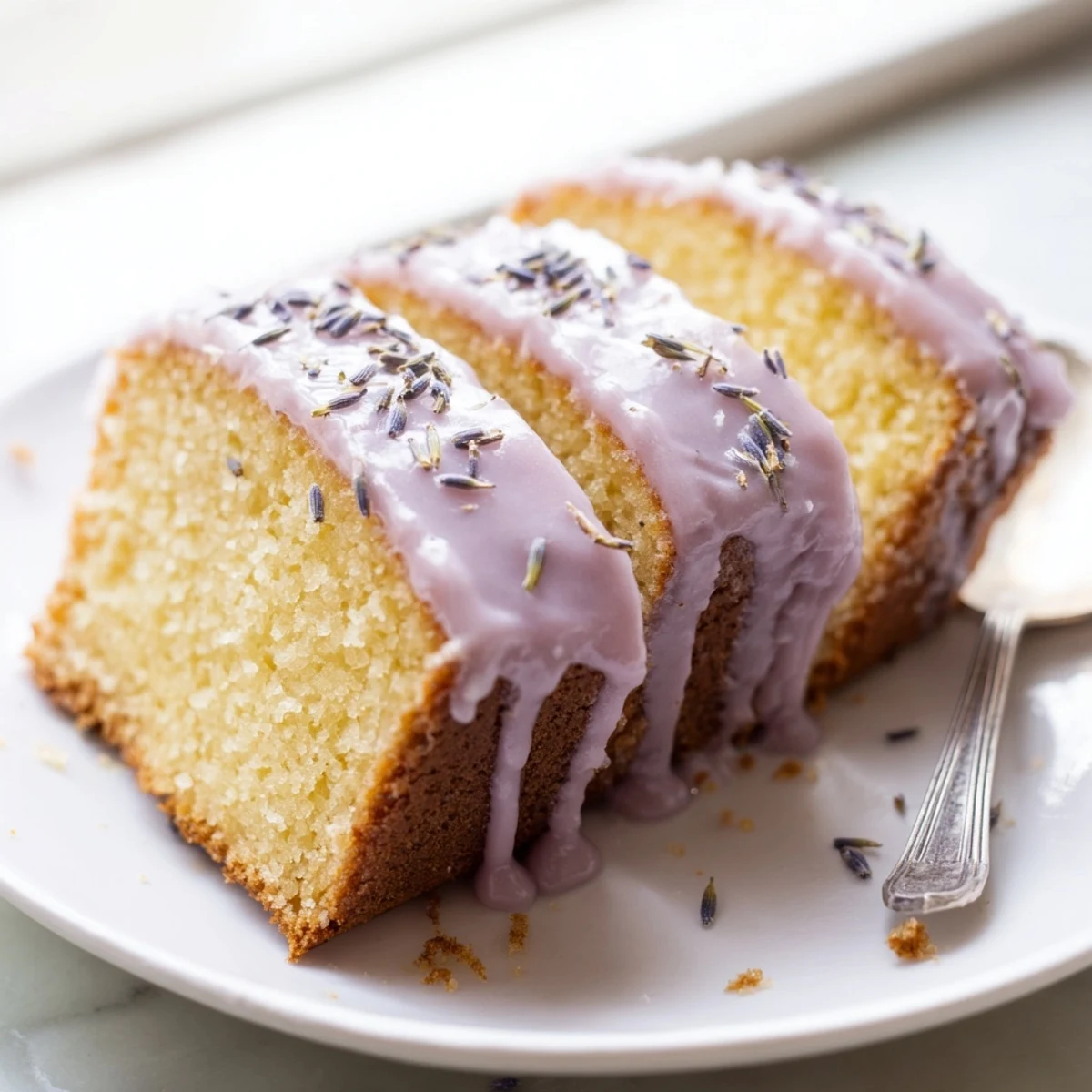 Thick lavender glaze pooled atop fresh-baked scones beside sprigs of dried lavender