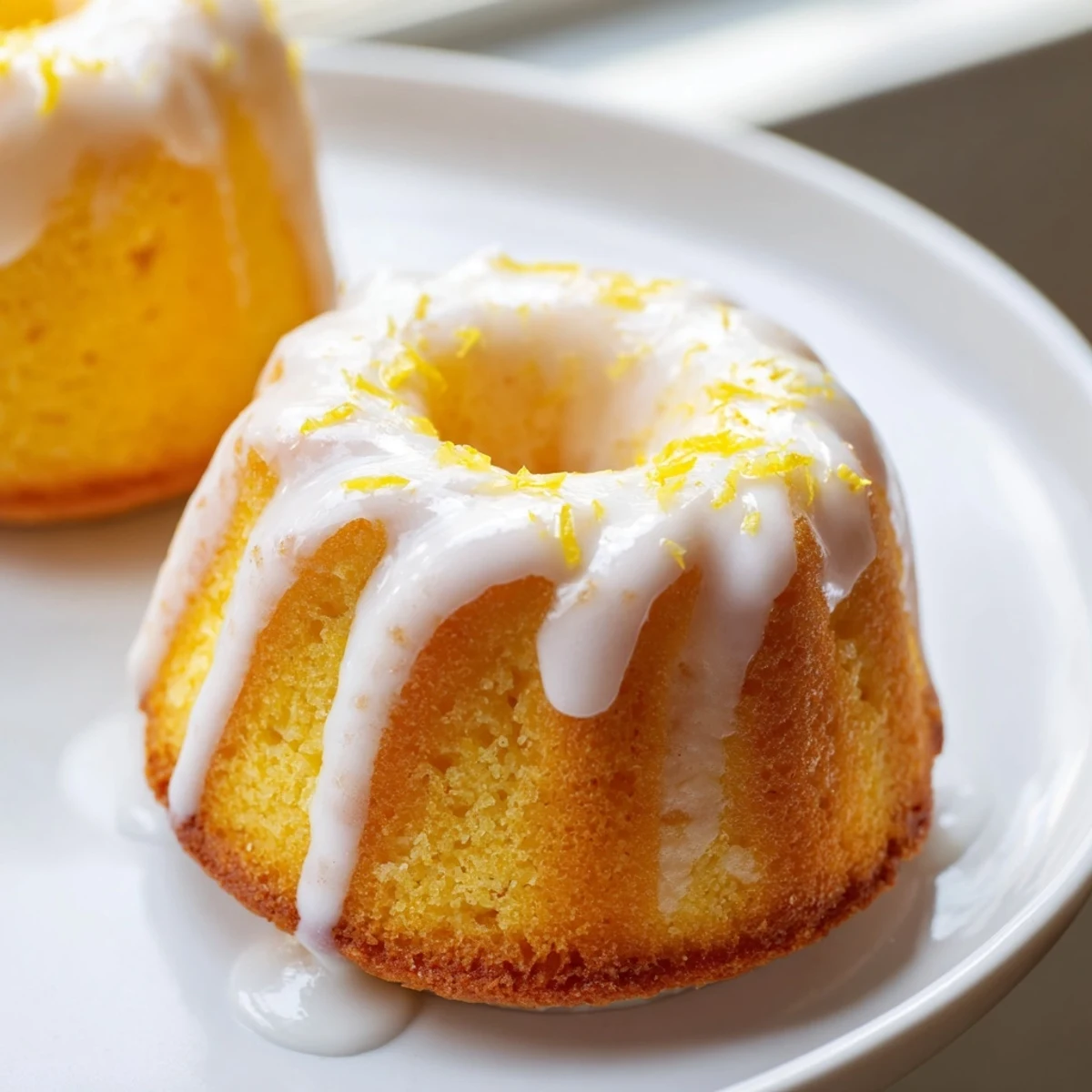 Freshly baked mini lemon cakes with zesty powdered sugar glaze on a decorative plate