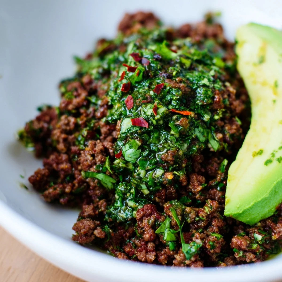 Golden seasoned ground beef topped with vibrant green chimichurri sauce over fluffy white rice