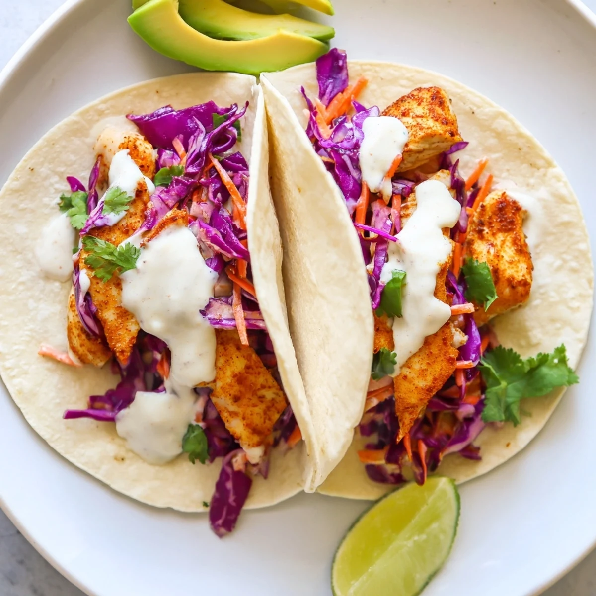 Crispy spiced tilapia fish tacos topped with vibrant slaw and creamy zesty crema
