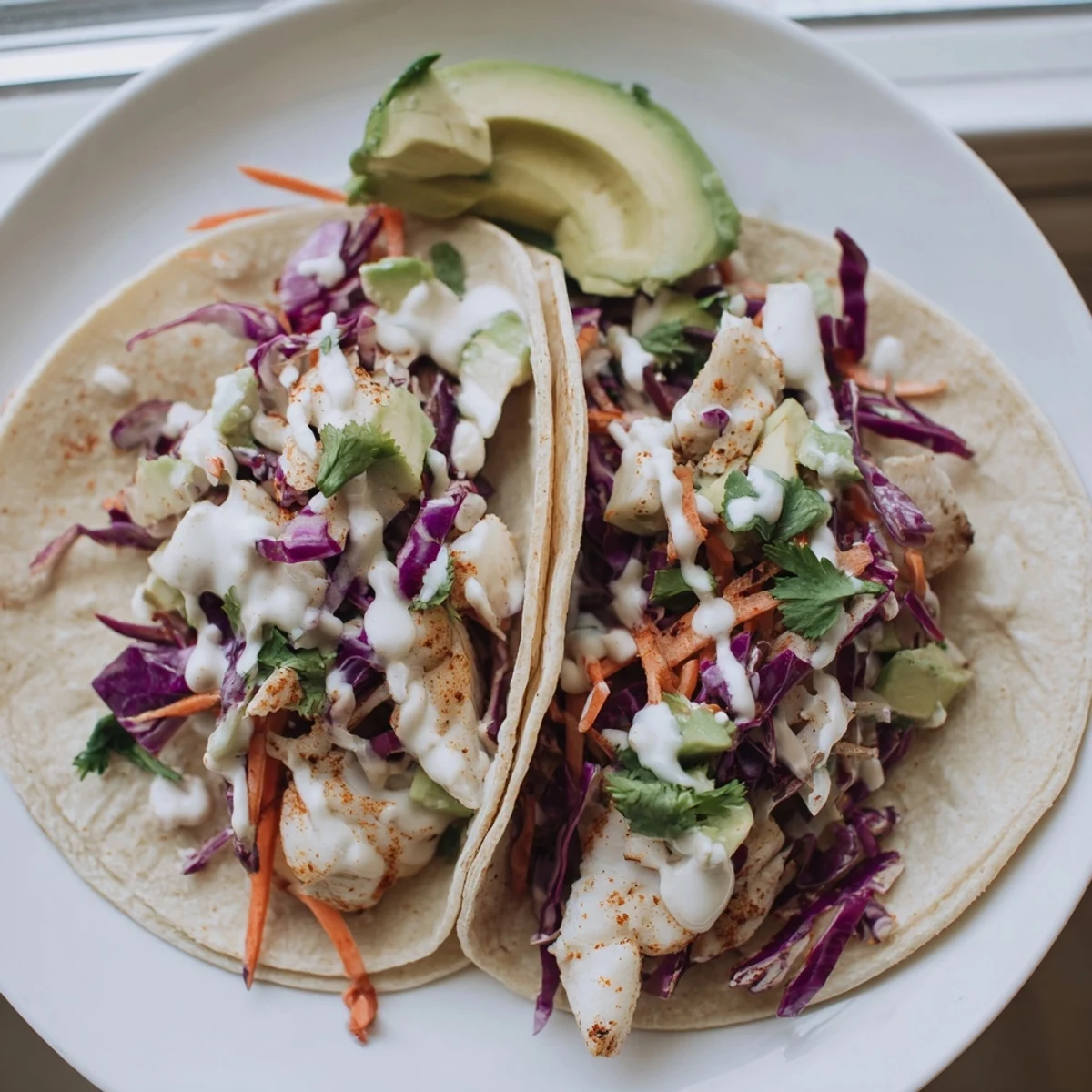 Golden tilapia fish tacos in warm tortillas with fresh cabbage slaw and avocado