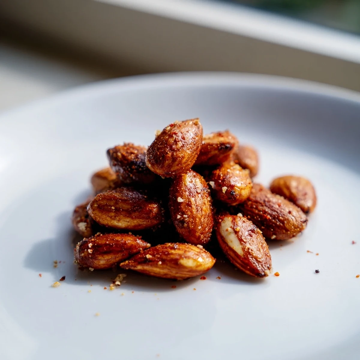 Golden roasted almonds sprinkled with sea salt in a rustic ceramic bowl