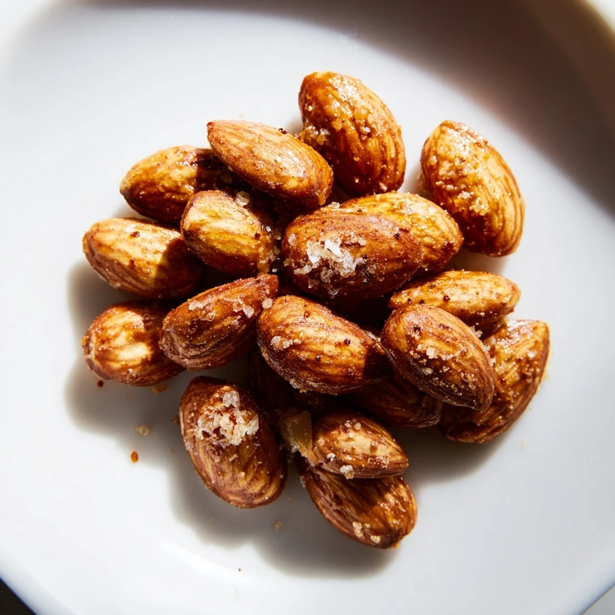 Warm aromatic roasted almonds piled on a wooden serving board