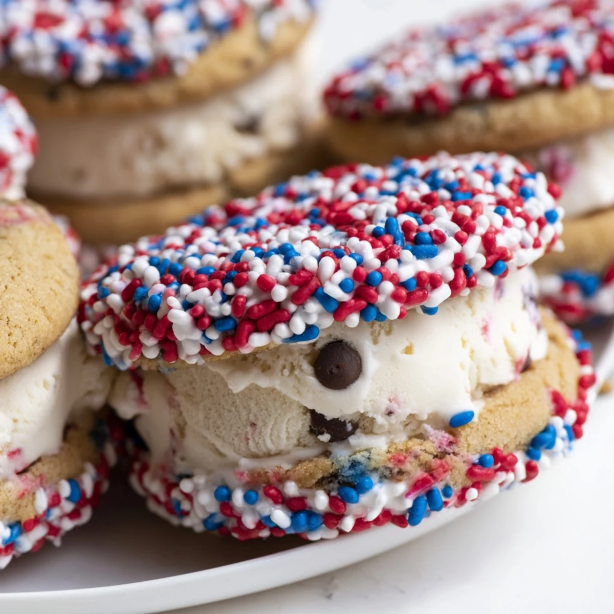 Patriotic Mini Ice Cream Sandwiches coated in red white and blue sprinkles on a summer tray