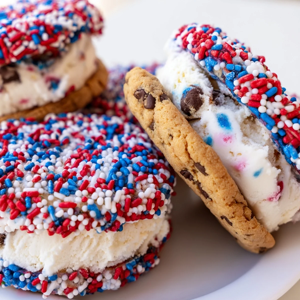 Bite-sized Patriotic Mini Ice Cream Sandwiches with vanilla filling and colorful festive sprinkles for celebrations