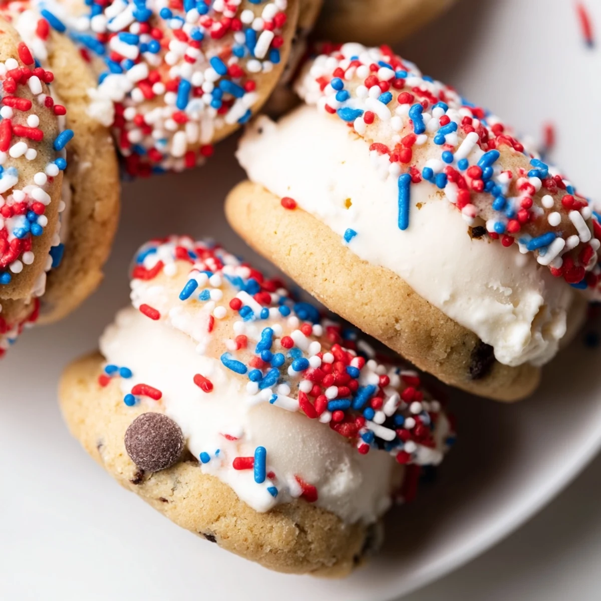 Frozen Patriotic Mini Ice Cream Sandwiches nestled on parchment ready for a Fourth of July party