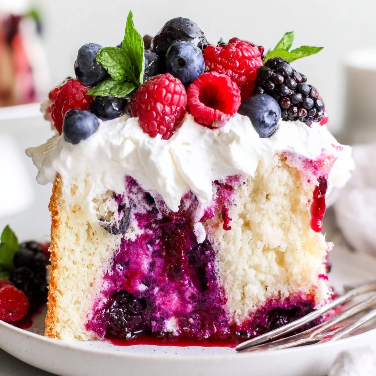 A slice of Summer Berry Poke Cake topped with fresh strawberries and whipped cream
