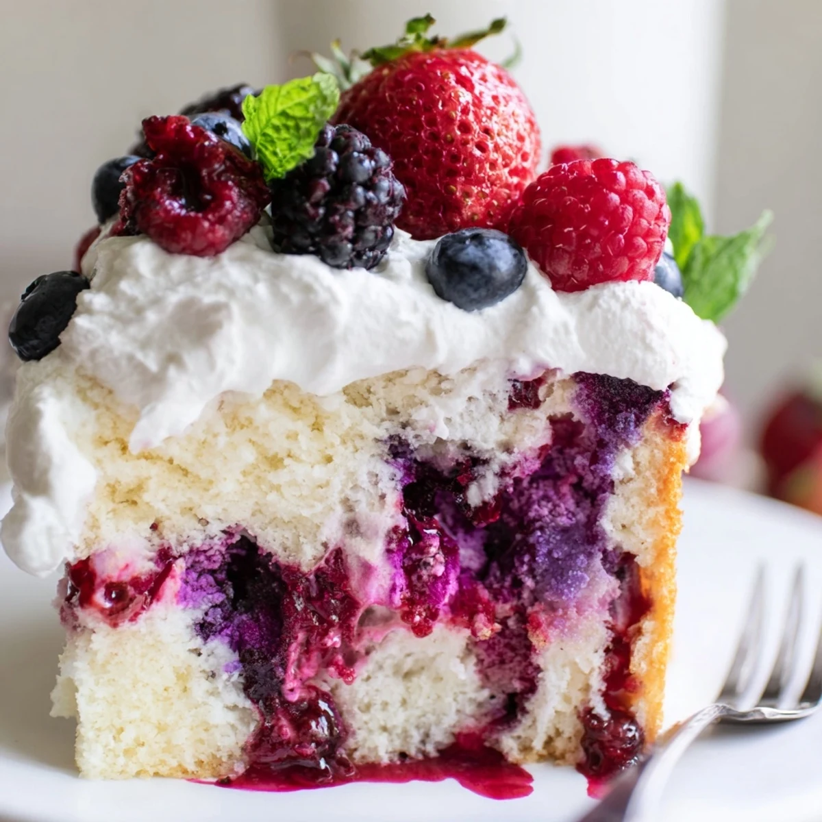 Summer Berry Poke Cake garnished with mixed berries and mint for a picnic dessert