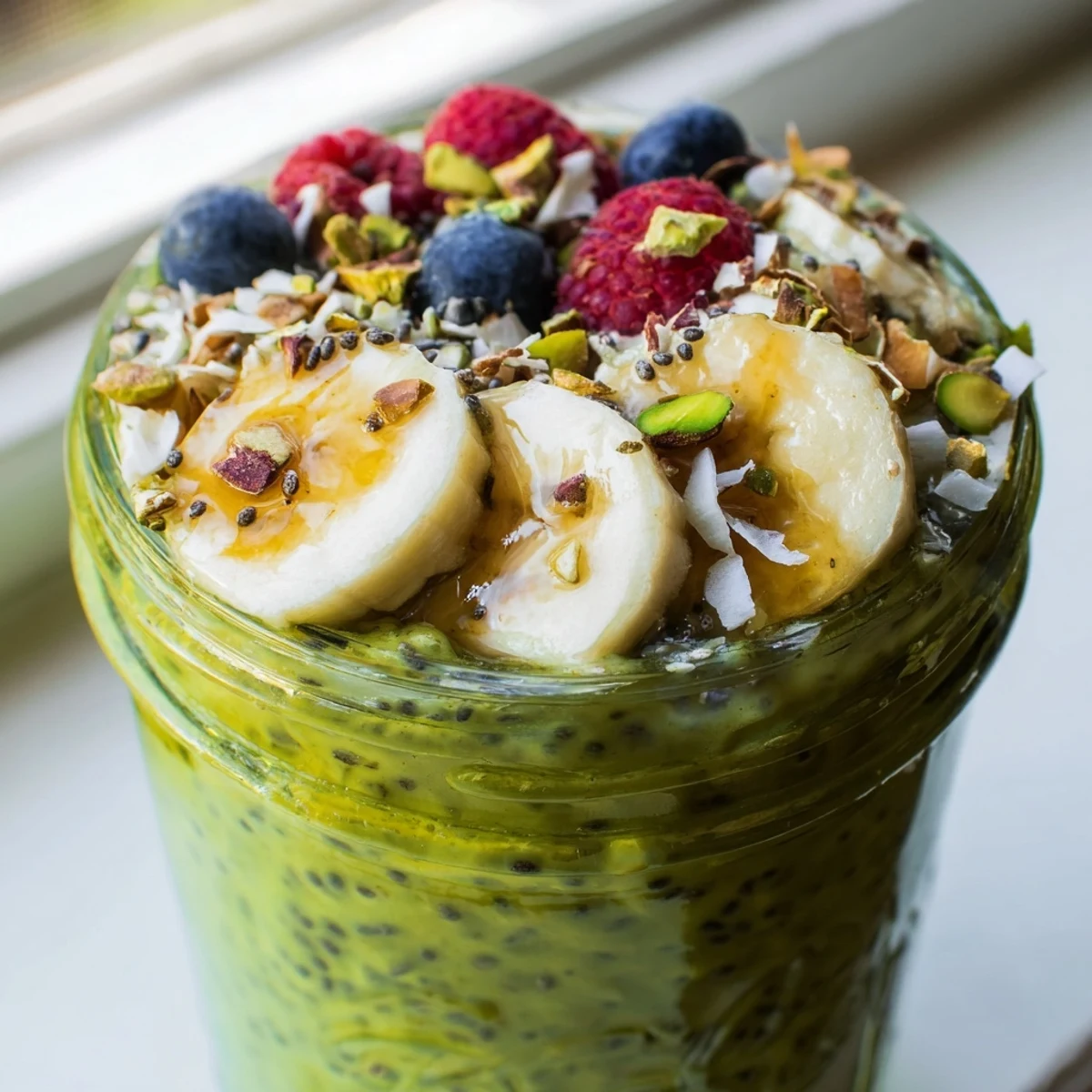 Creamy matcha overnight oats topped with fresh berries and toasted coconut flakes