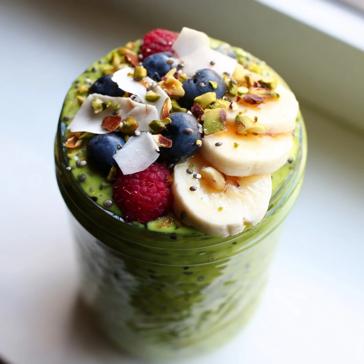 Thick and creamy matcha overnight oats garnished with chopped pistachios and honey drizzle