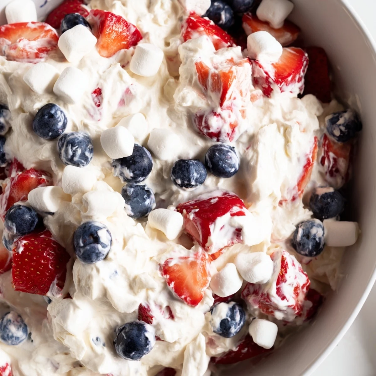 Red white blue cheesecake salad served chilled in a rustic white bowl