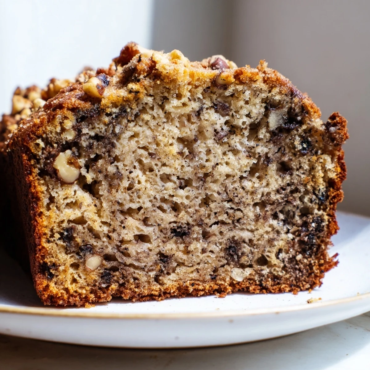 Golden super moist banana bread sliced on a rustic wooden cutting board