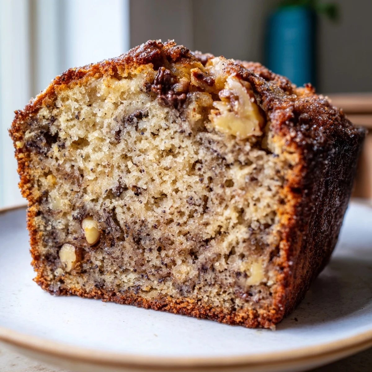 Warm super moist banana bread loaf topped with cracked walnuts and cinnamon