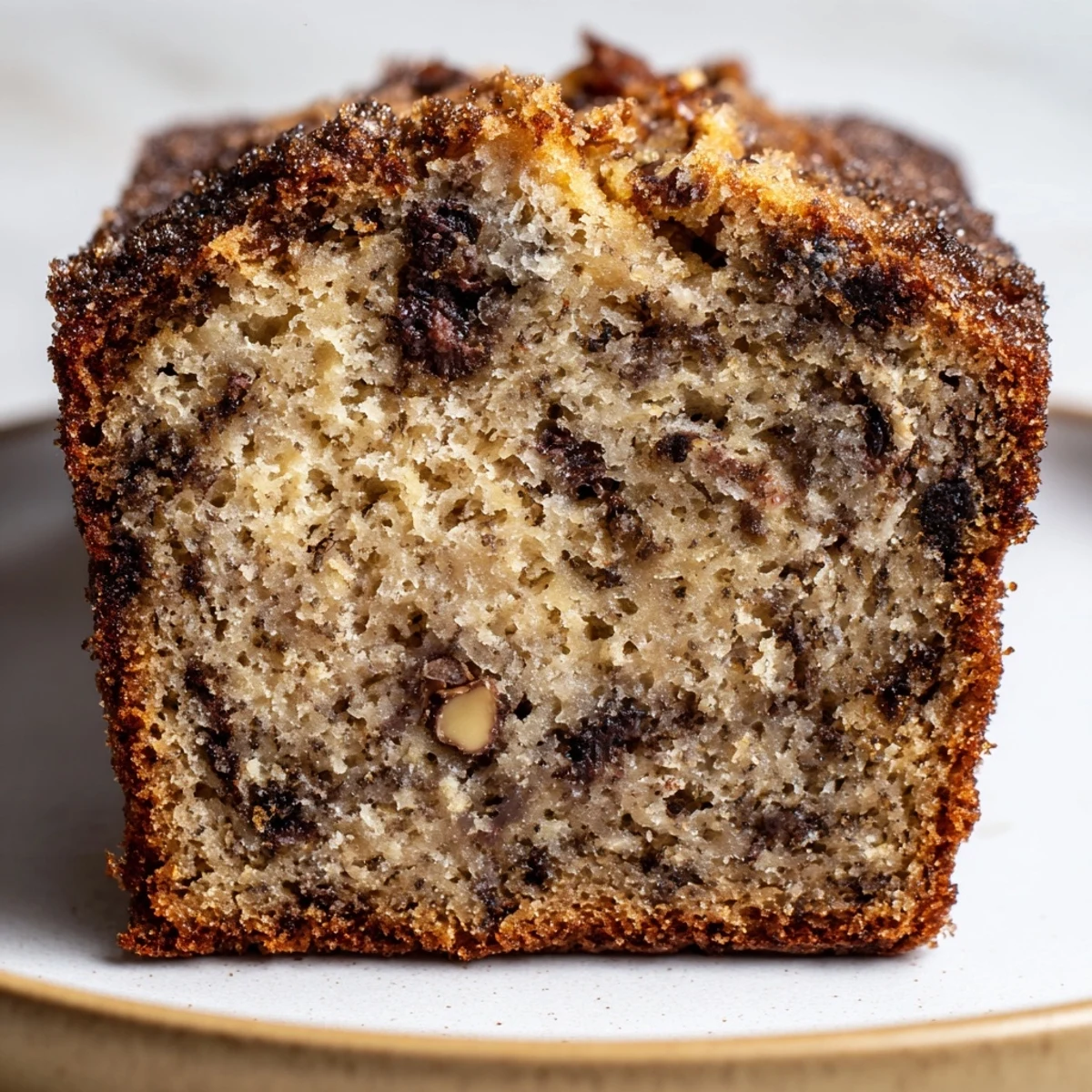 Thick slice of super moist banana bread served alongside fresh ripe bananas