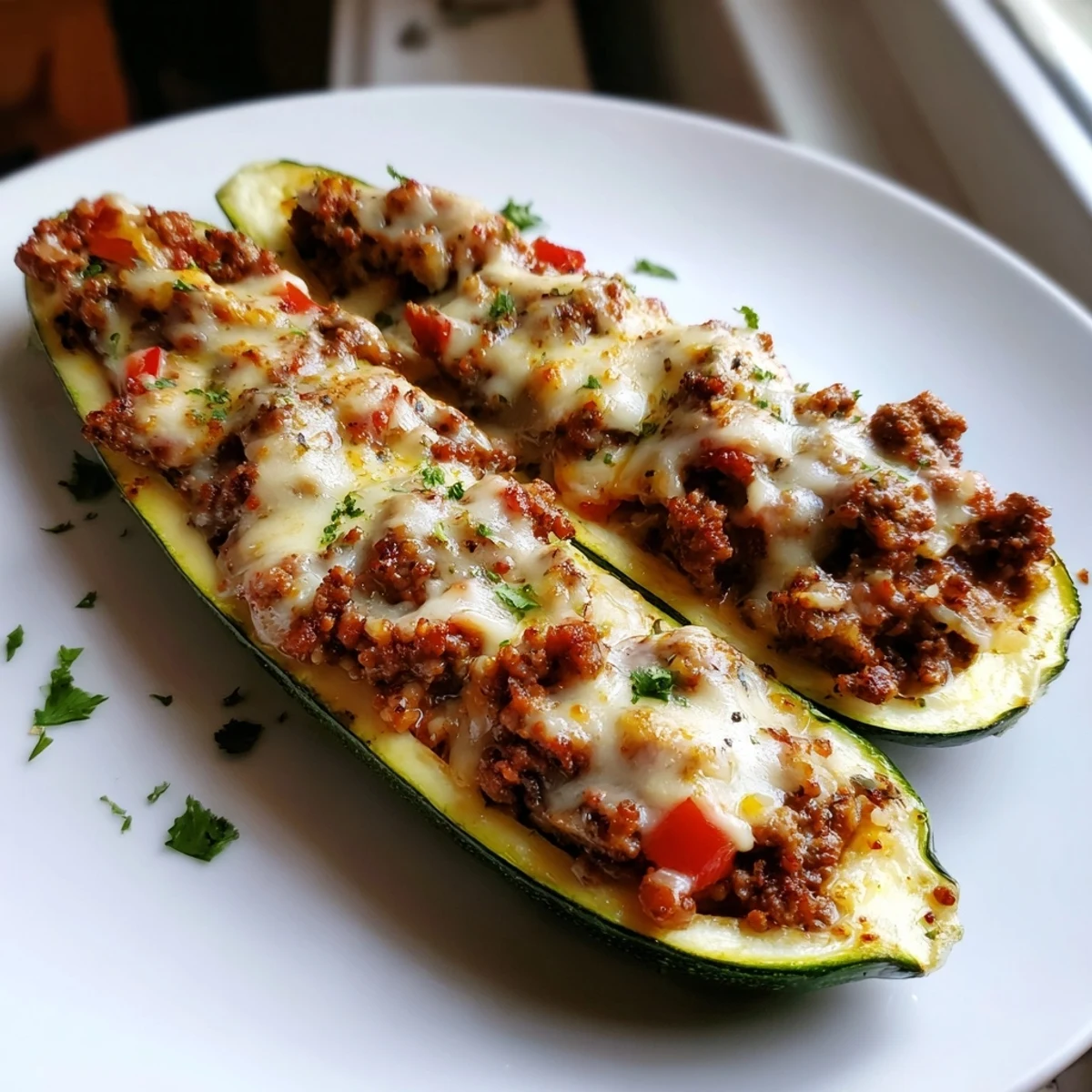 Golden cheesy stuffed zucchini boats with ground beef fresh from the oven