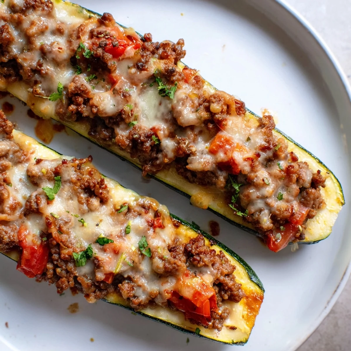 Stuffed zucchini boats with ground beef topped with bubbly melted mozzarella