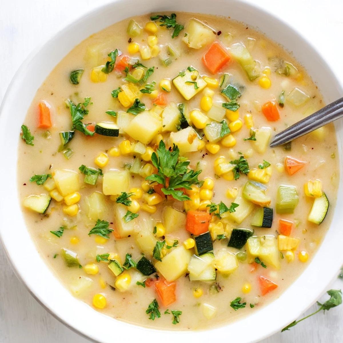 Steaming bowl of hearty potato corn zucchini soup garnished with fresh parsley.