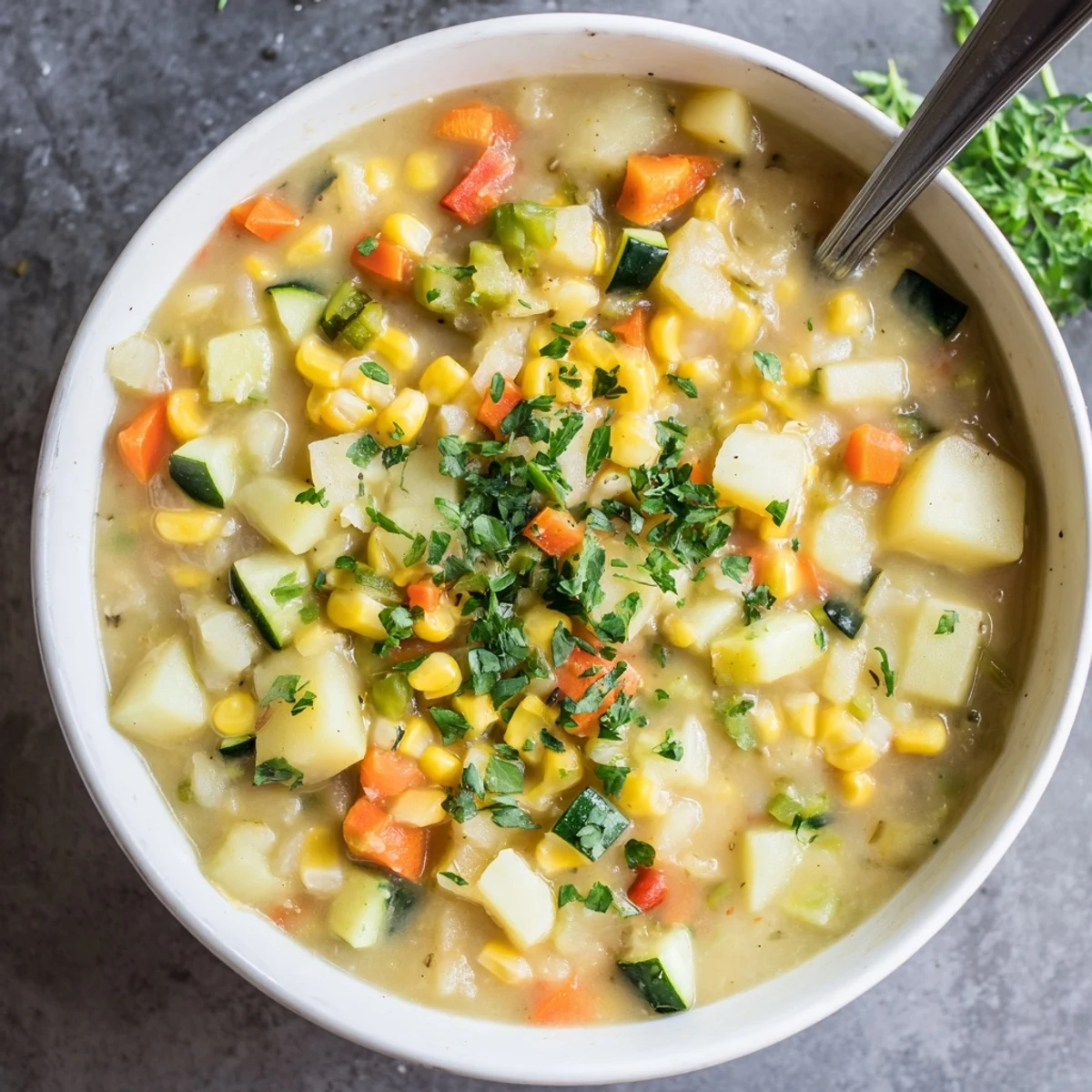 Golden corn and tender diced potatoes in a creamy vegetarian soup bowl.