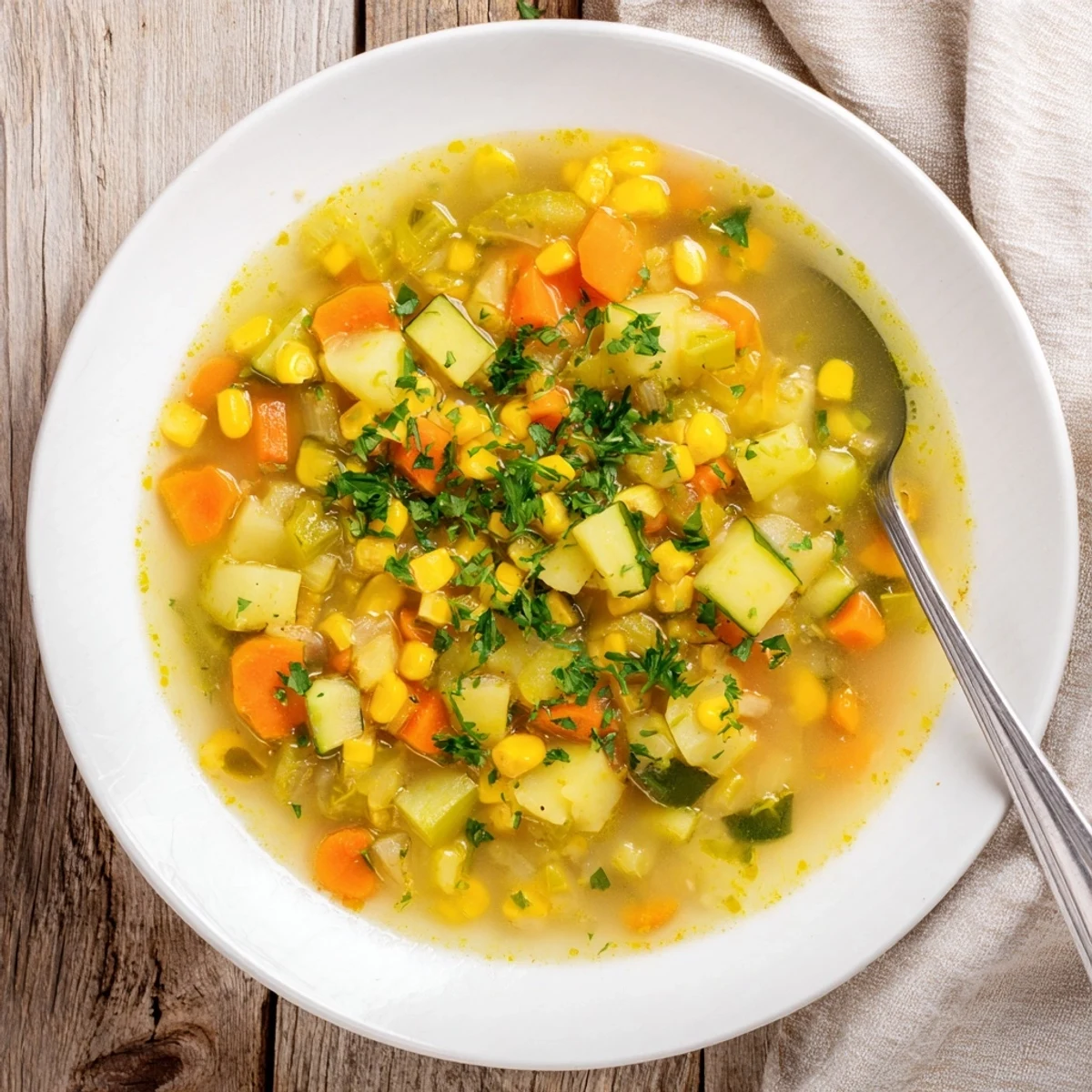 Thick hearty potato corn zucchini soup ladled into a rustic serving bowl.