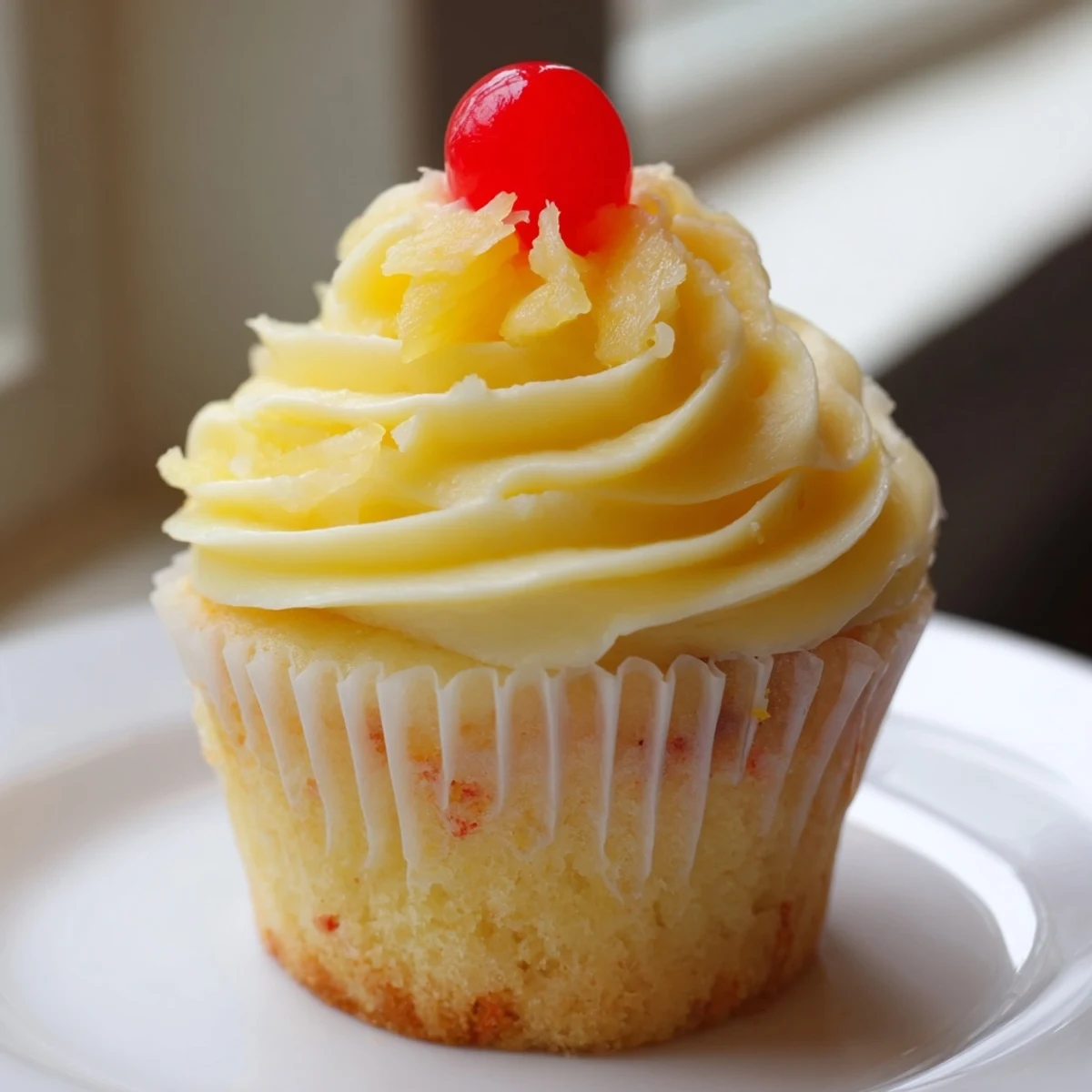 Golden Dole Whip Cupcakes topped with fluffy pineapple whipped frosting and a cherry