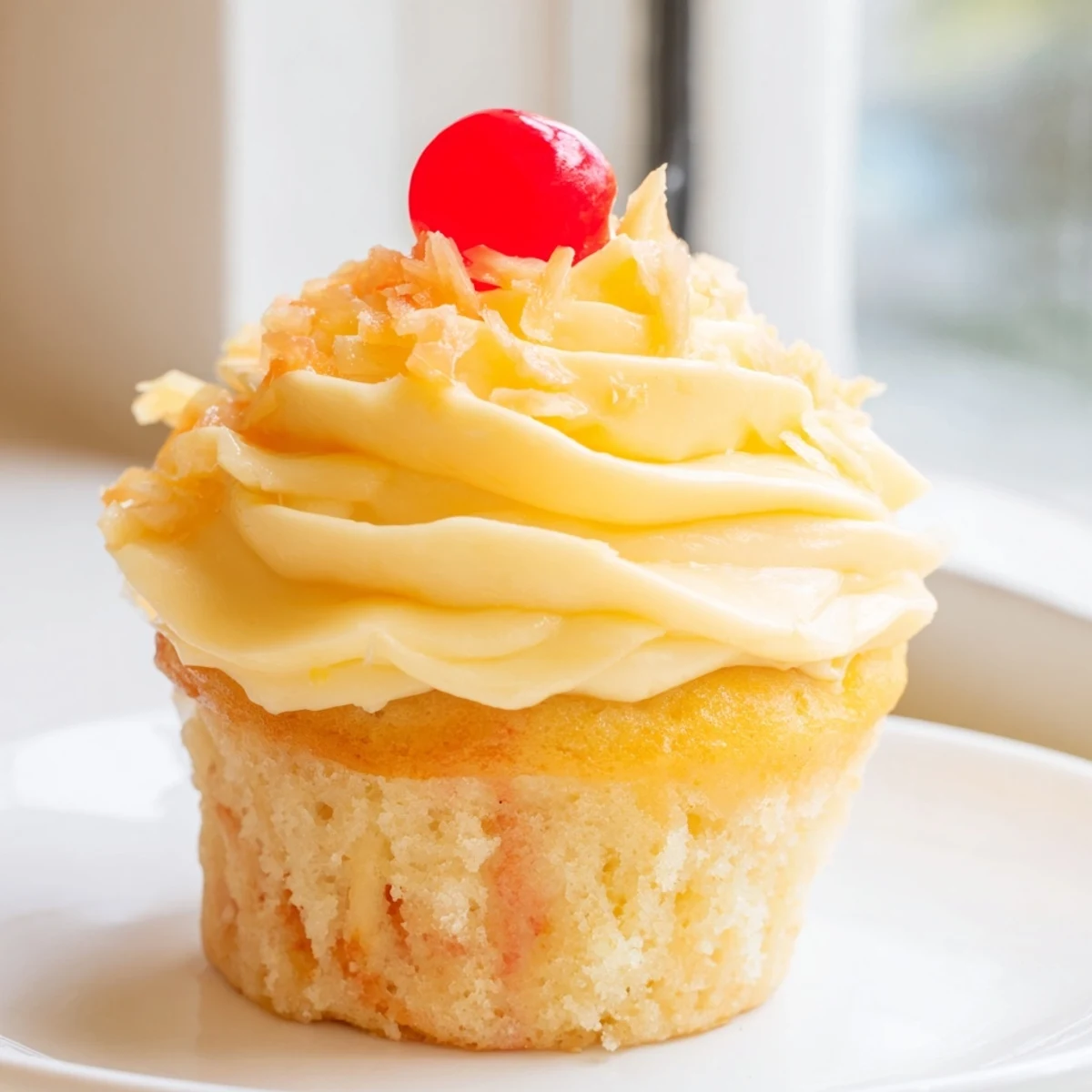 Moist pineapple Dole Whip Cupcakes piped with creamy yellow frosting on a pastel plate