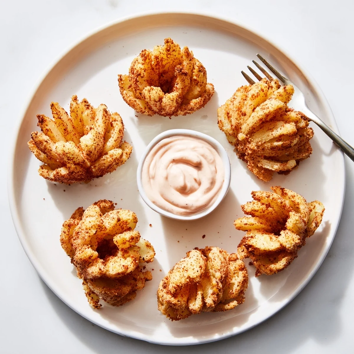 Deep-fried mini bloomin onions with crunchy seasoned petals on a platter