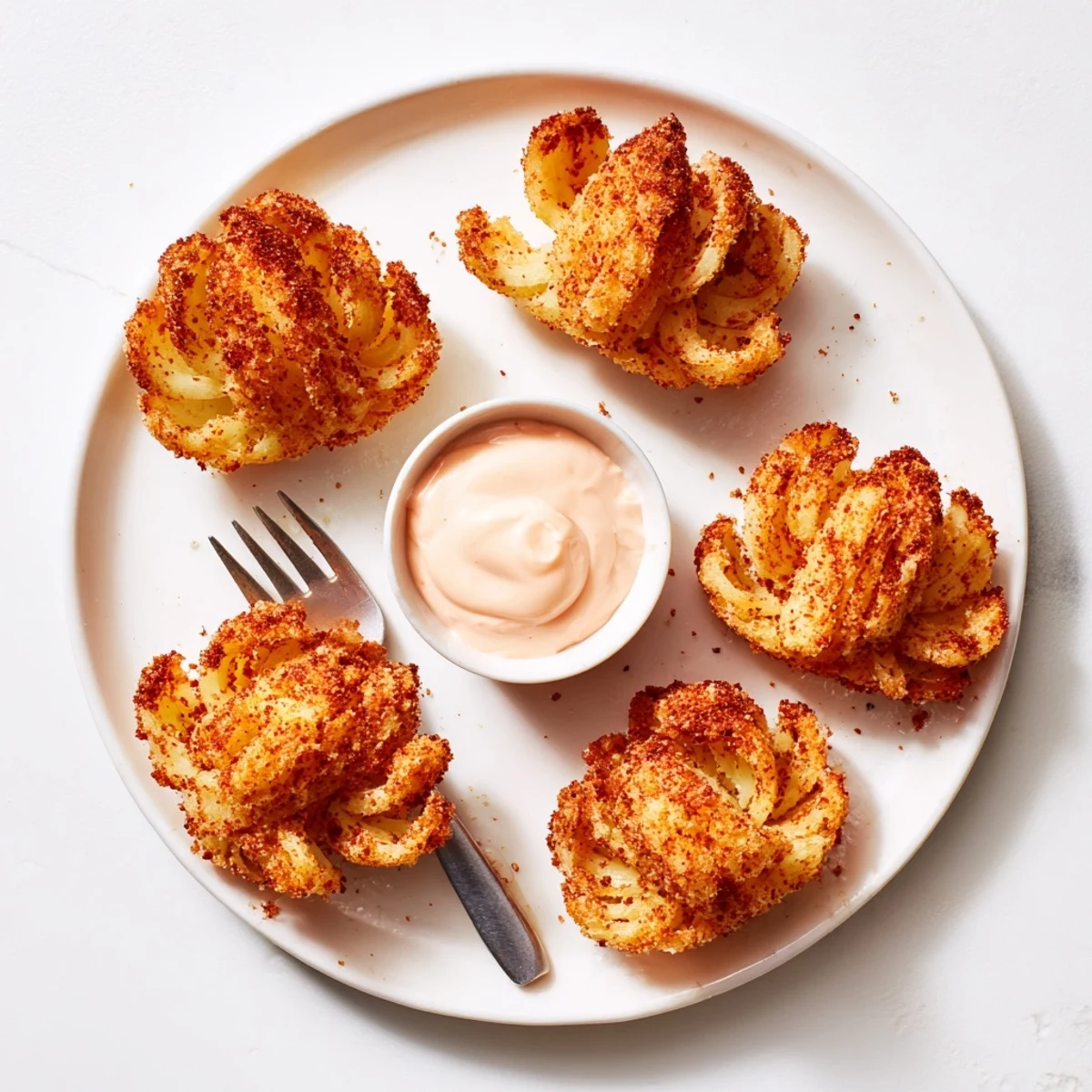 Golden crispy mini bloomin onions served with creamy horseradish dipping sauce