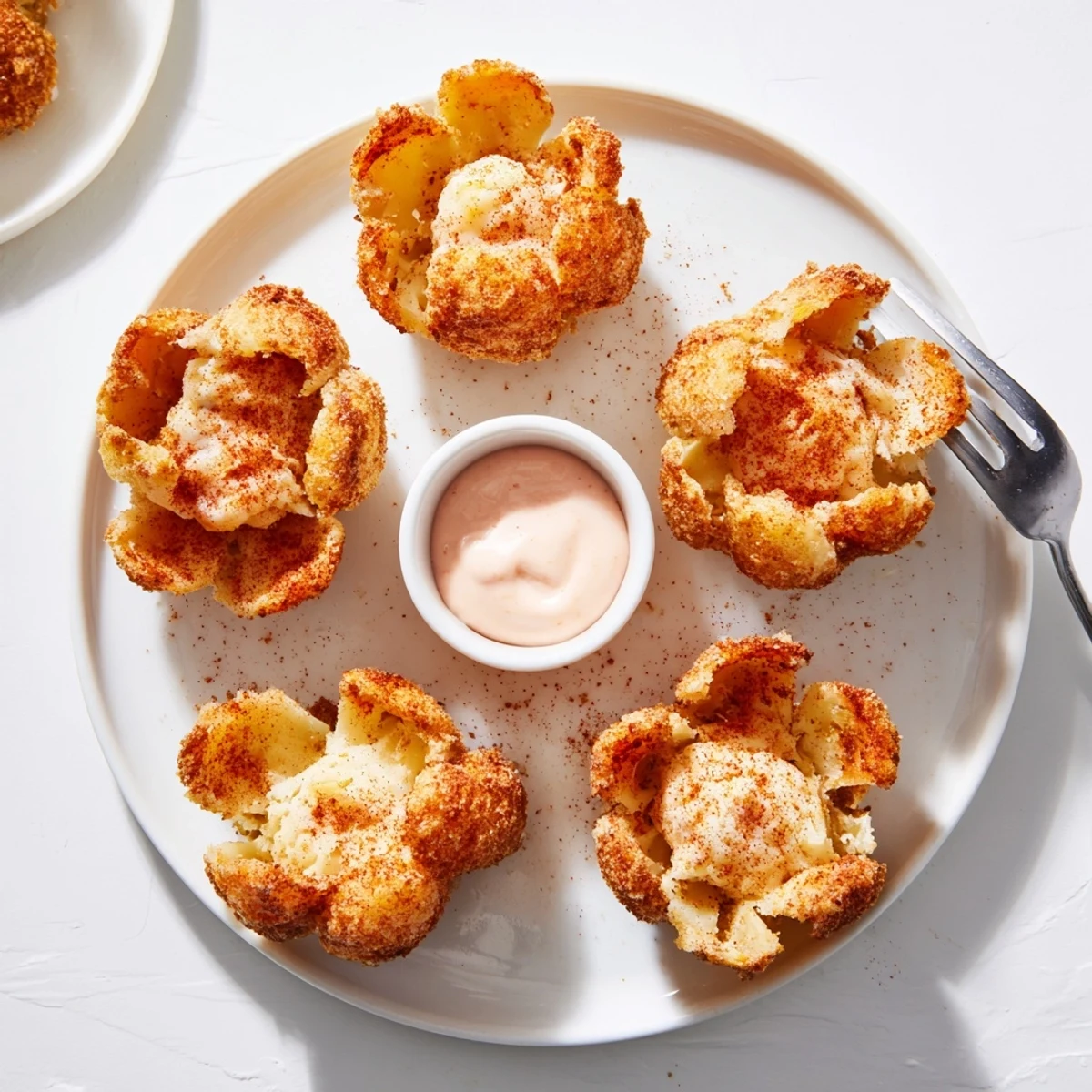 Six crispy mini bloomin onions arranged around a bowl of spicy mayo