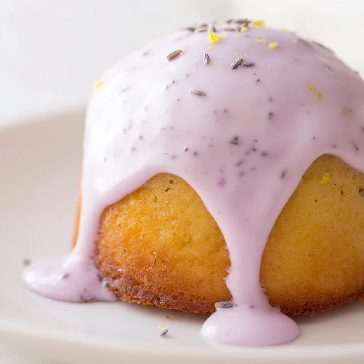 A plate of mini lemon cakes with lavender glaze garnished with lemon zest