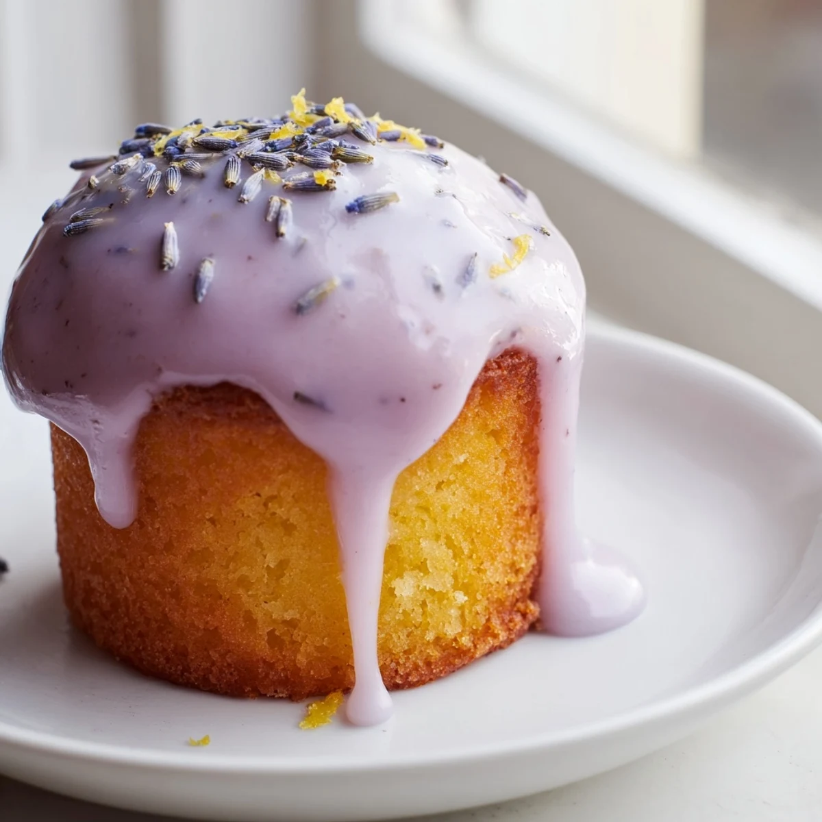 Golden mini lemon cakes with lavender glaze dripping over tender crumb tops