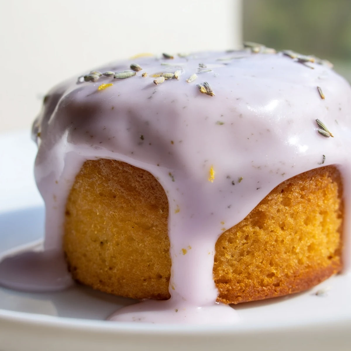 Mini lemon cakes with lavender glaze served on a cake stand for afternoon tea