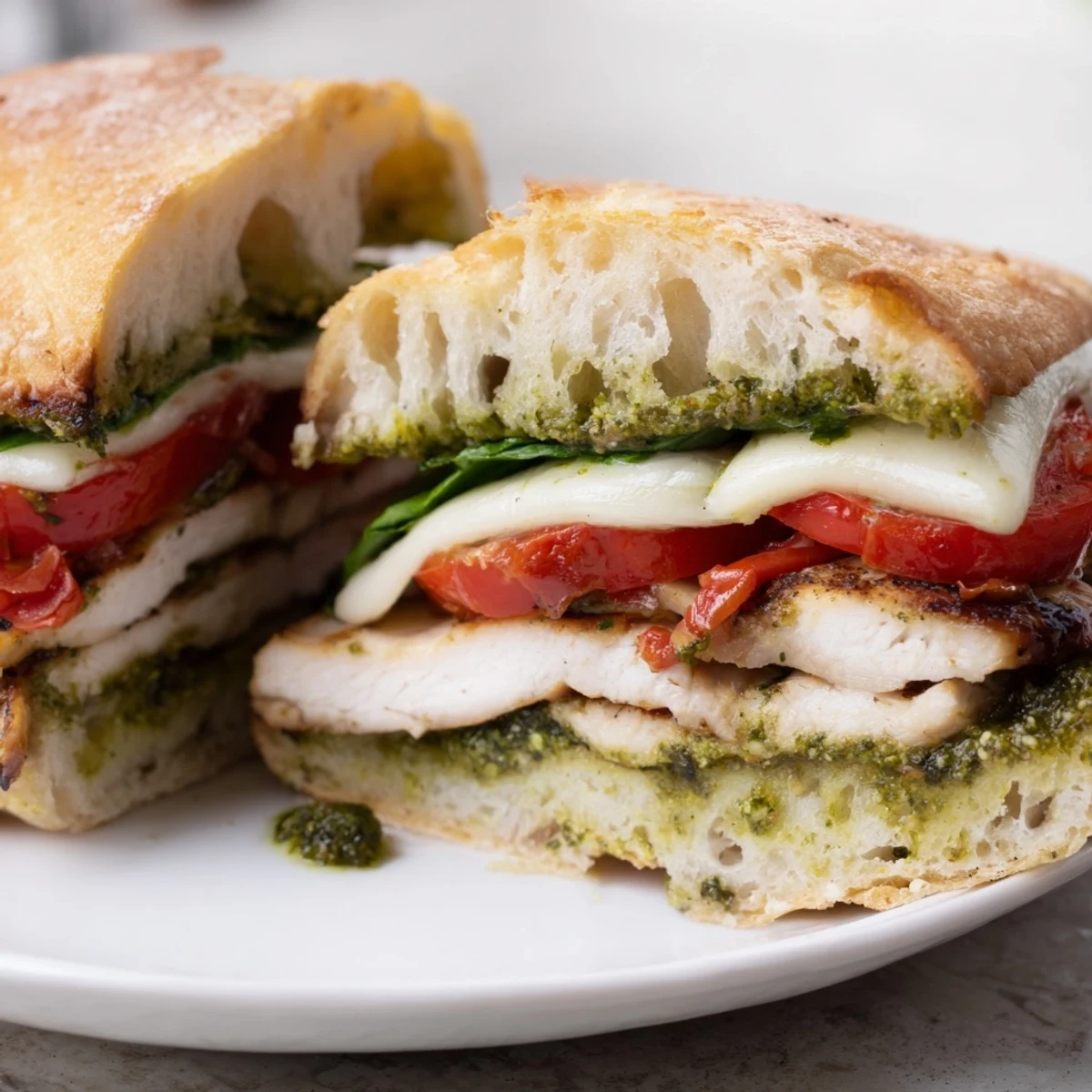 Golden grilled chicken breast with melted mozzarella on a toasted ciabatta chicken pesto sandwich recipe