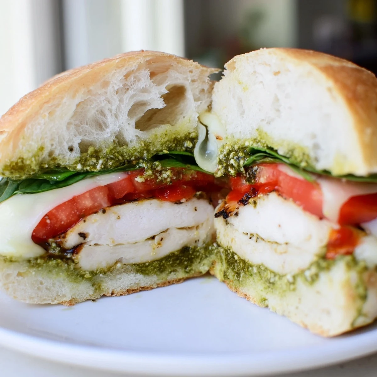 Sliced tomato and fresh basil pesto layered inside a warm chicken pesto sandwich recipe