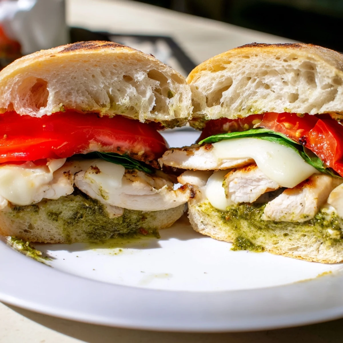 Juicy chicken cutlet with gooey cheese and arugula in this chicken pesto sandwich recipe