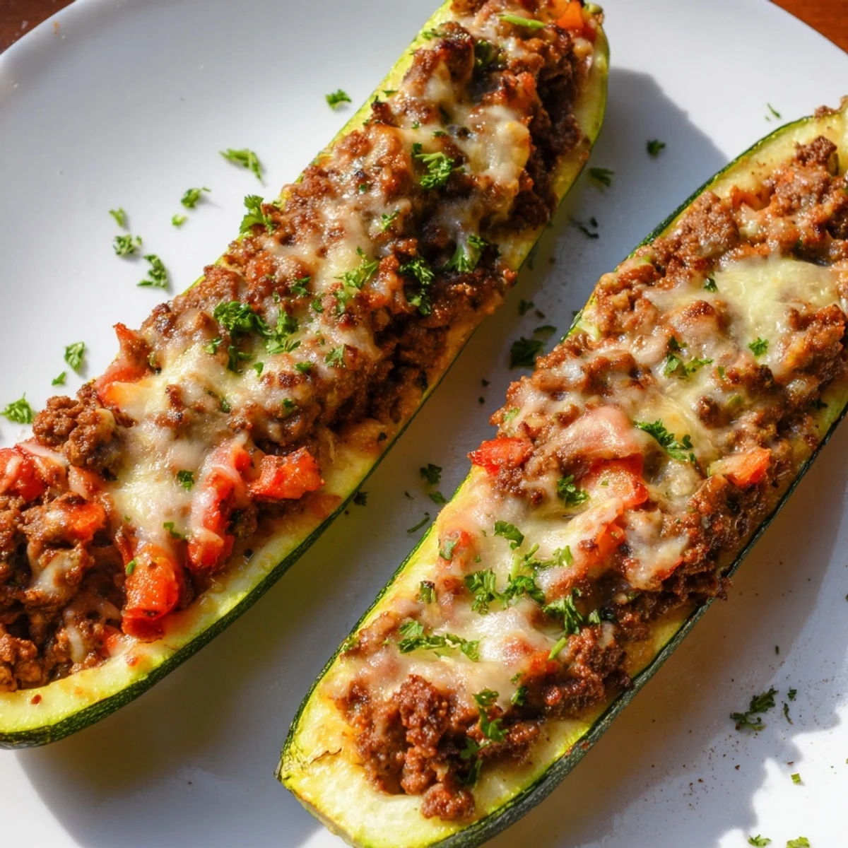 Golden stuffed zucchini boats with ground beef bubbling under melted mozzarella cheese