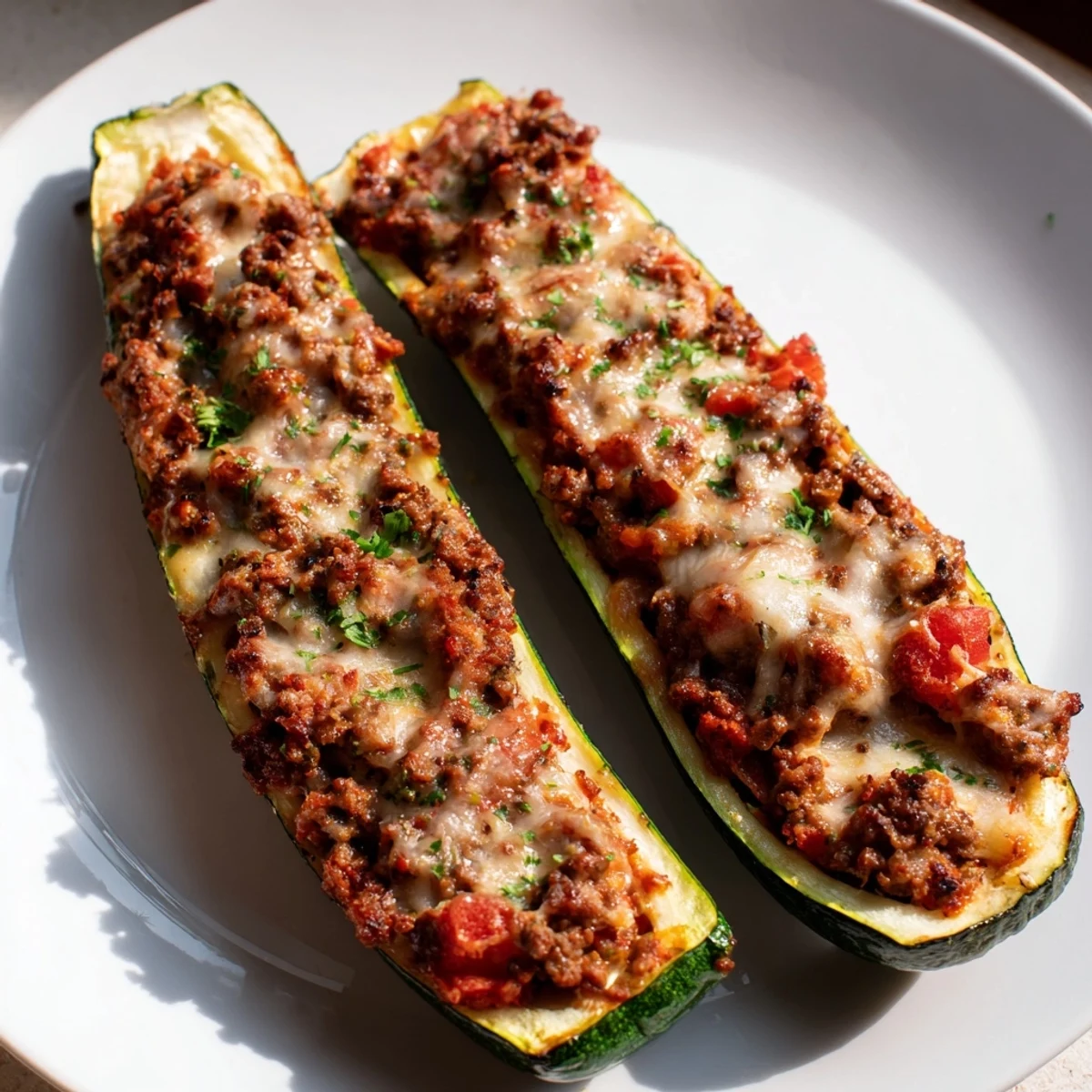 Tender baked zucchini halves filled with savory ground beef and oregano topping