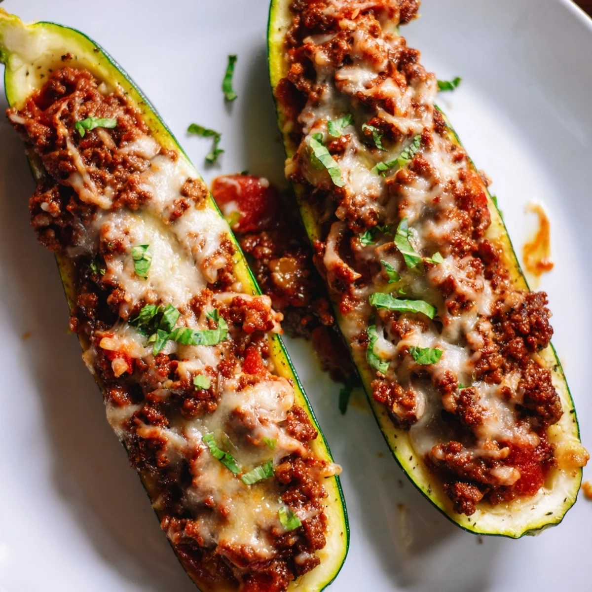 Crispy cheese-topped stuffed zucchini boats with ground beef served on a white plate