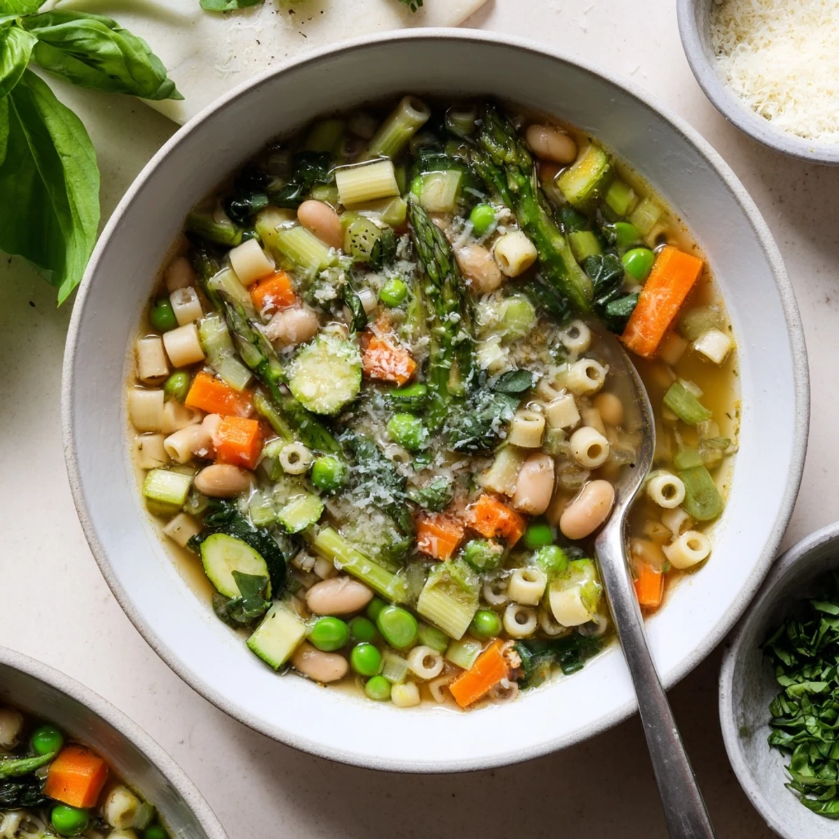 Colorful spring minestrone soup recipe brimming with tender pasta, asparagus, and bright green vegetables