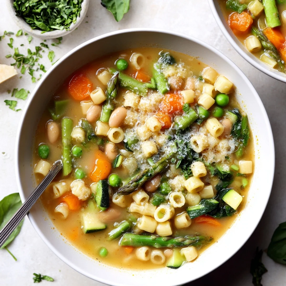 Steaming bowl of spring minestrone soup recipe topped with grated Parmesan and fresh basil
