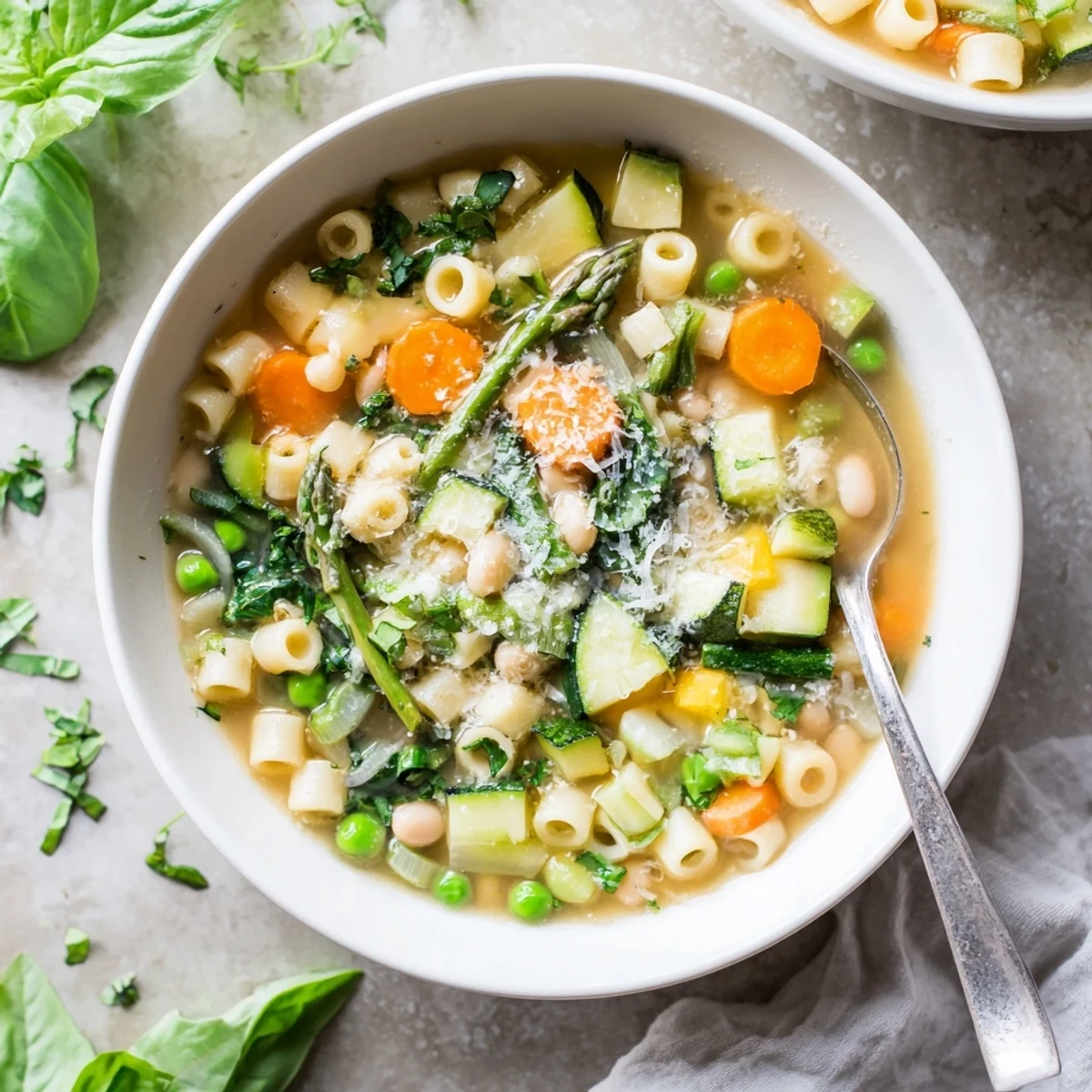 Golden bowl of spring minestrone soup recipe with ditalini, cannellini beans, and wilted spinach