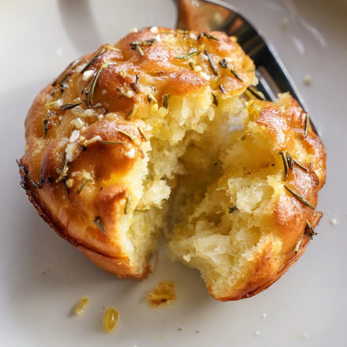Garlic Rosemary Focaccia Muffins steaming on a wire rack, golden herb scented