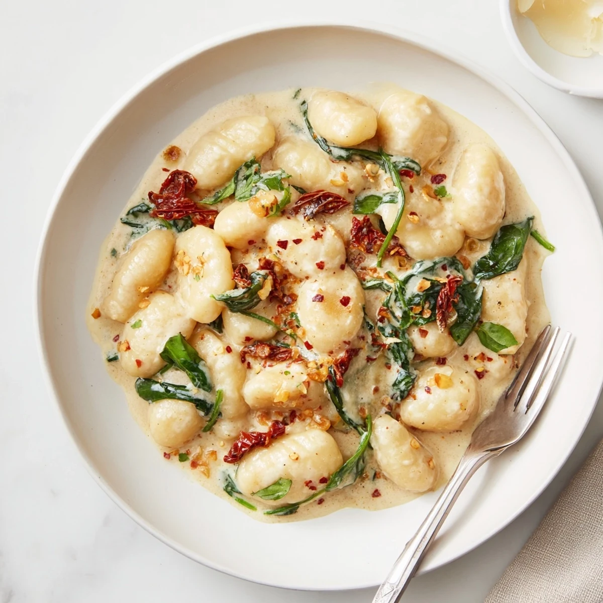 Creamy Marry Me Gnocchi with sun dried tomatoes and fragrant basil, steaming.