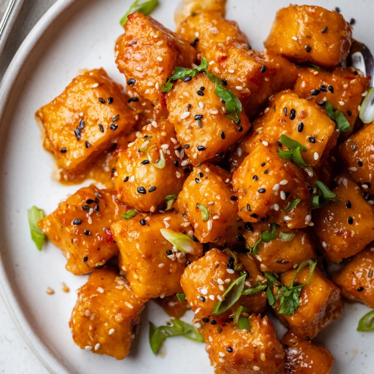 Crispy Bang Bang Salmon Bites tossed in creamy spicy sauce, scallions garnish.