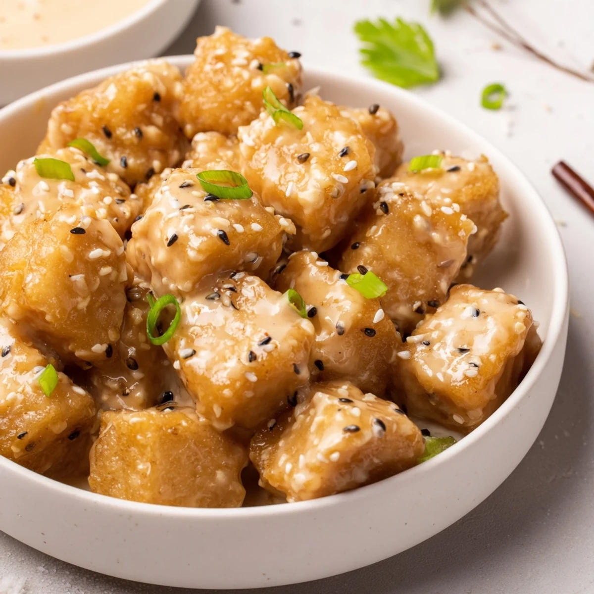 Pan-fried Bang Bang Salmon Bites glistening with sauce, served over jasmine rice.