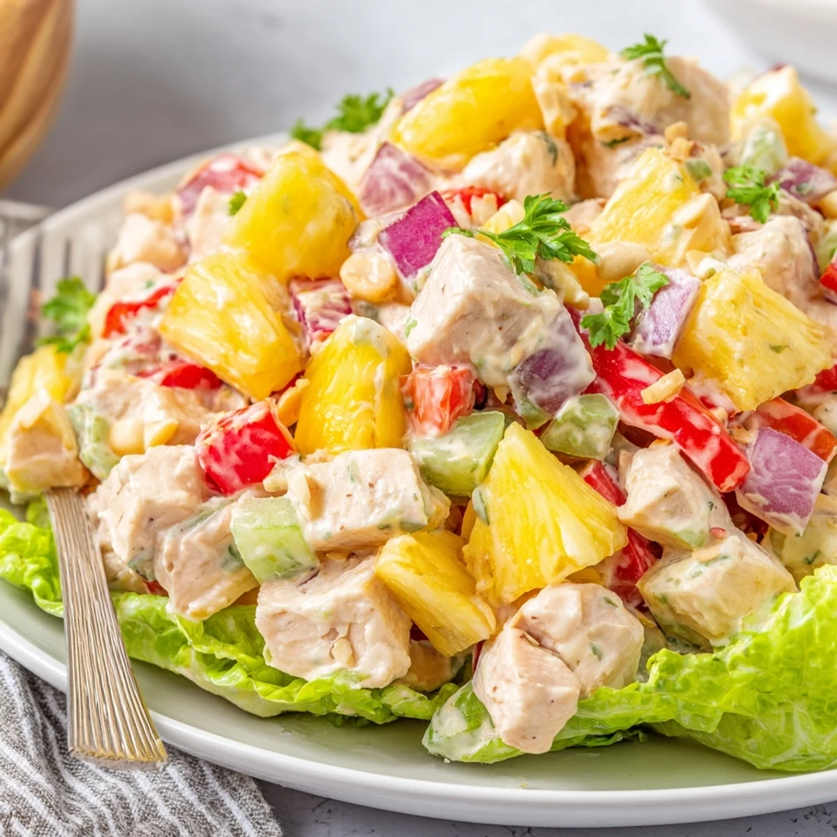 Make ahead Hawaiian Chicken Salad Recipe studded with grapes and toasted macadamia nuts
