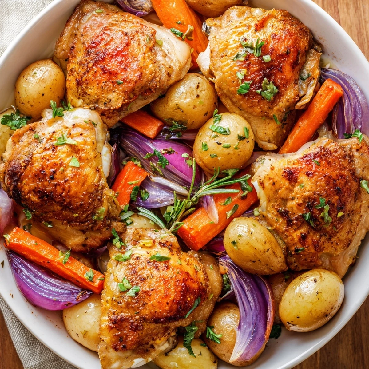 Sheet Pan Chicken And Potatoes with golden crispy skin and rosemary aroma